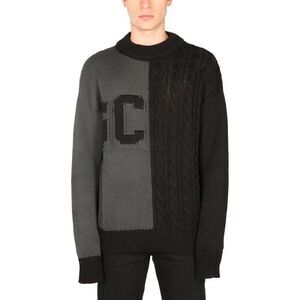 GCDS Men's Split Design Intarsia and Cable Knit Sweater Men CHARCOAL Sweaters &